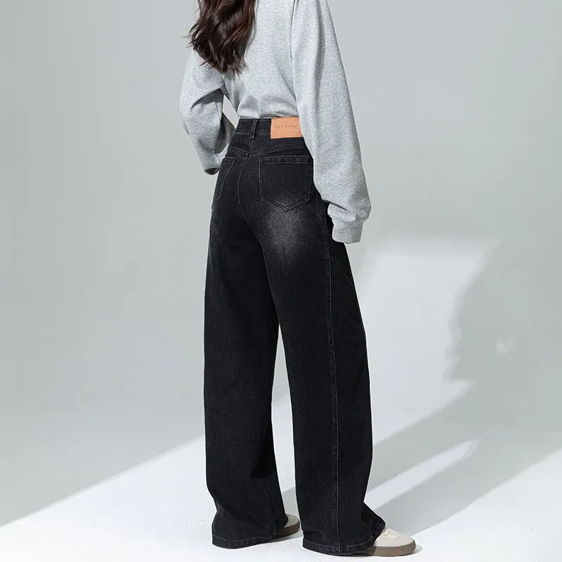 Black and gray high-waisted wide-leg jeans women's 2025 spring new small pear-shaped thin straight floor pants made by Negative
