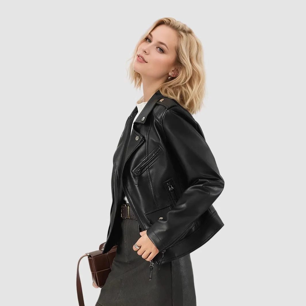 The Urban Elegance | Women's Slim Fit Black PU Leather Jacket sold by Negative product image thumbnail 3