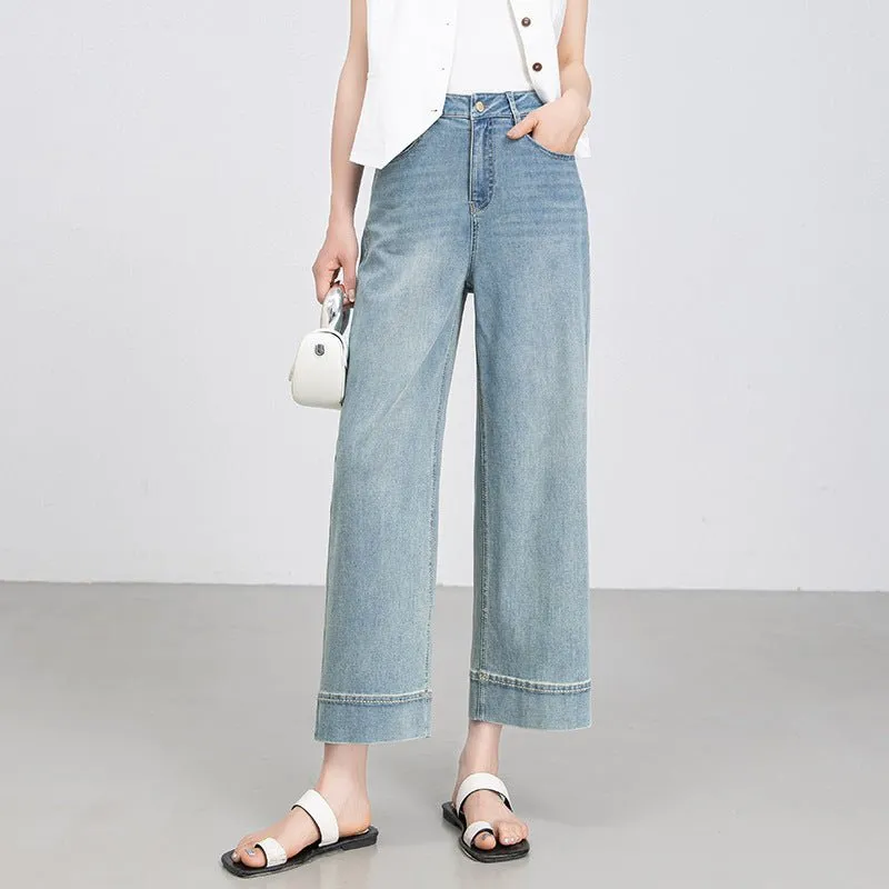 Light blue wide-leg jeans women's summer thin loose and comfortable small nine-point flanged straight-leg pants made by Negative
