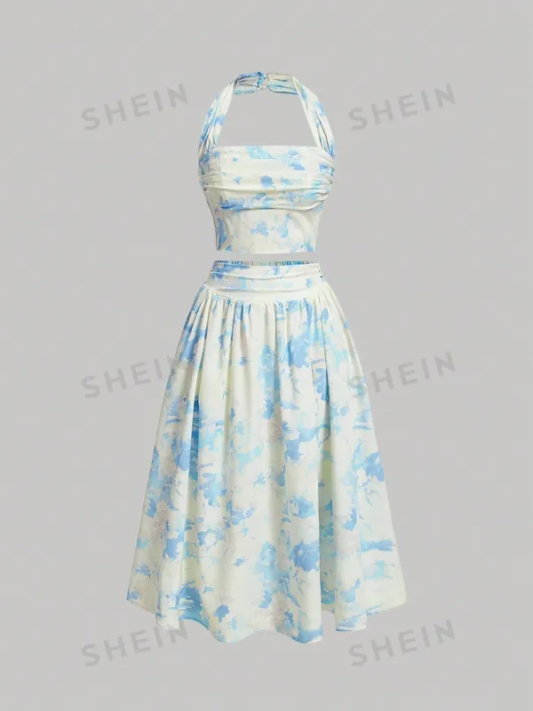 MOD Ladies' Floral Printed Pleated Halter Neck Vest And Skirt Set made by Negative