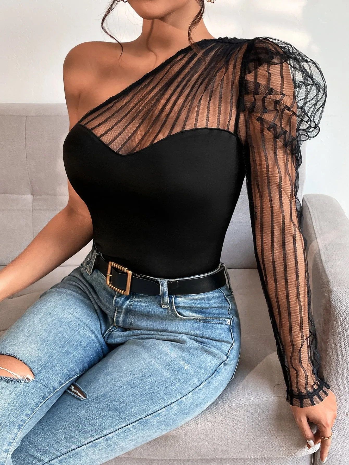 One Shoulder Contrast Mesh Top sold by Negative product image thumbnail 3