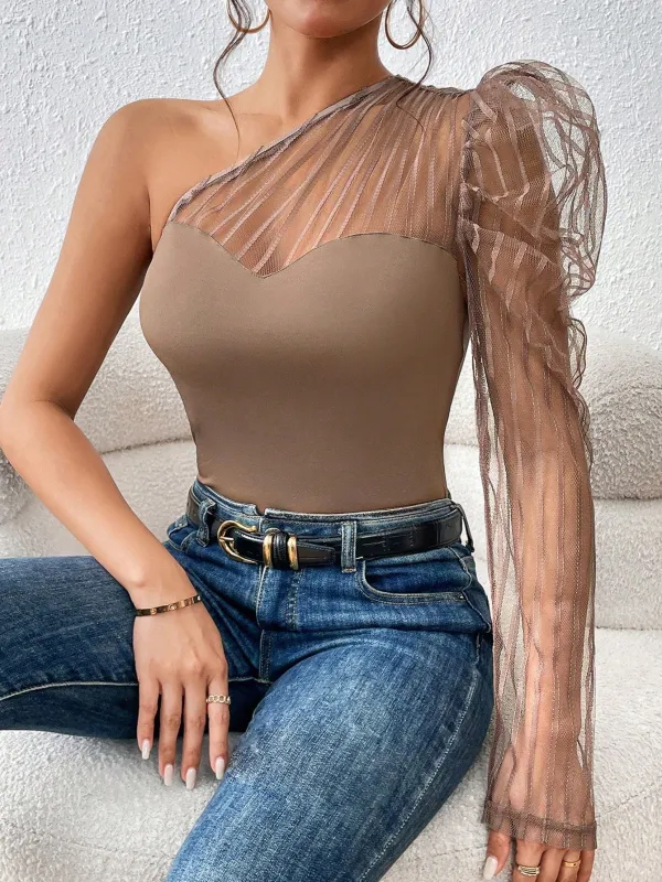 One Shoulder Contrast Mesh Top made by Negative