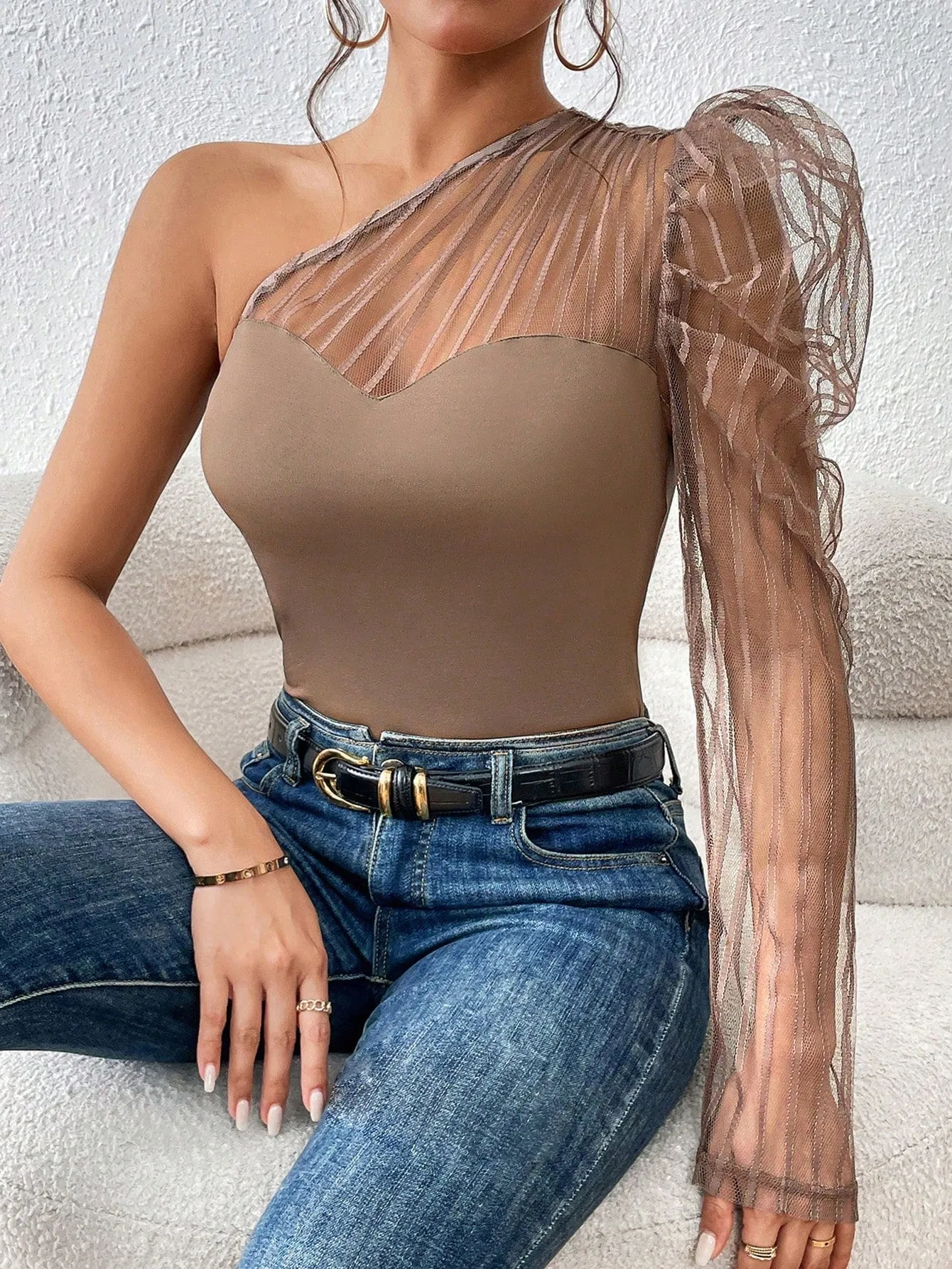 One Shoulder Contrast Mesh Top sold by Negative