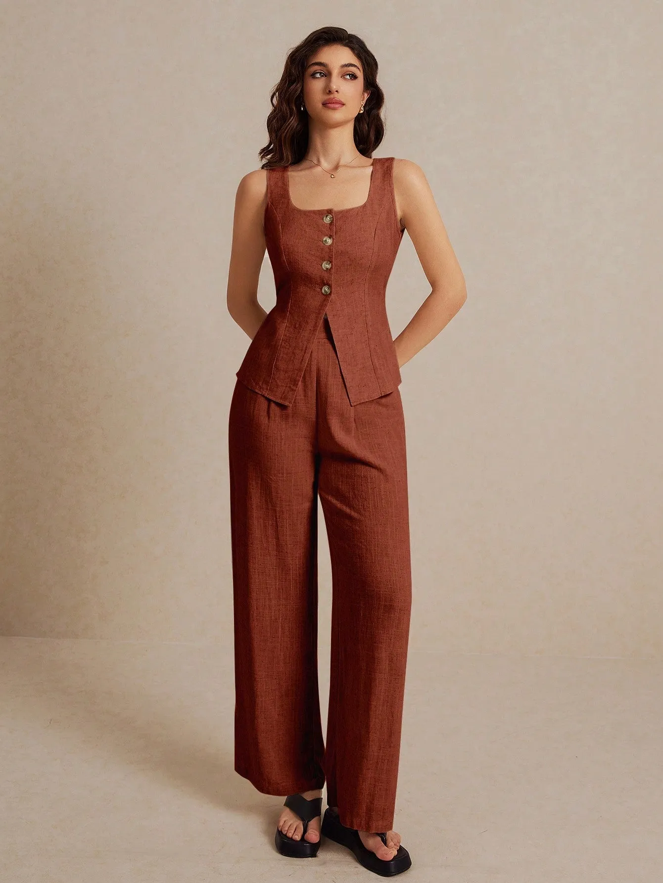 Frenchy Summer Linen Color Linen Suit Vest Two-Piece Set sold by Negative product image thumbnail 5