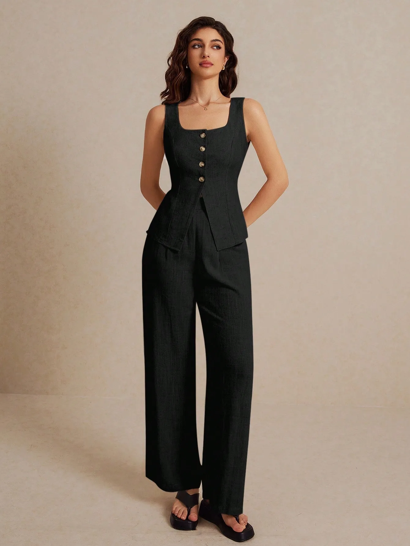 Frenchy Summer Linen Color Linen Suit Vest Two-Piece Set sold by Negative product image thumbnail 2