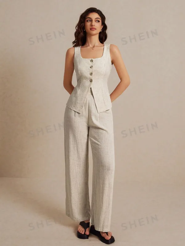 Frenchy Summer Linen Color Linen Suit Vest Two-Piece Set made by Negative