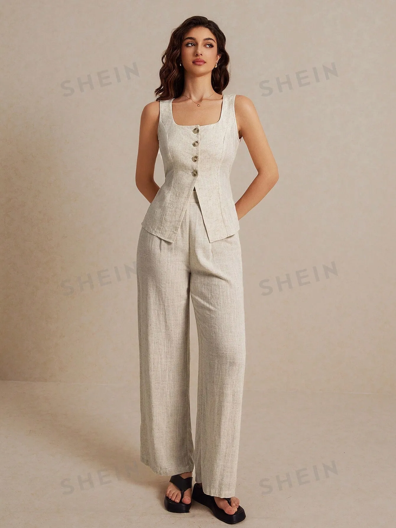 Frenchy Summer Linen Color Linen Suit Vest Two-Piece Set sold by Negative