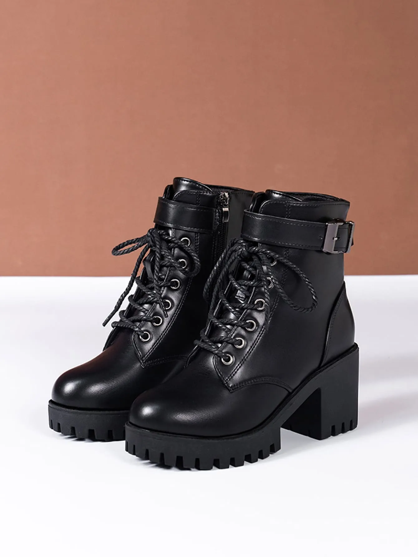 Women Buckle Decor Lace-Up Front Zipper Side Platform Combat Boots, Punk Outdoor Boots sold by Negative product image thumbnail 3