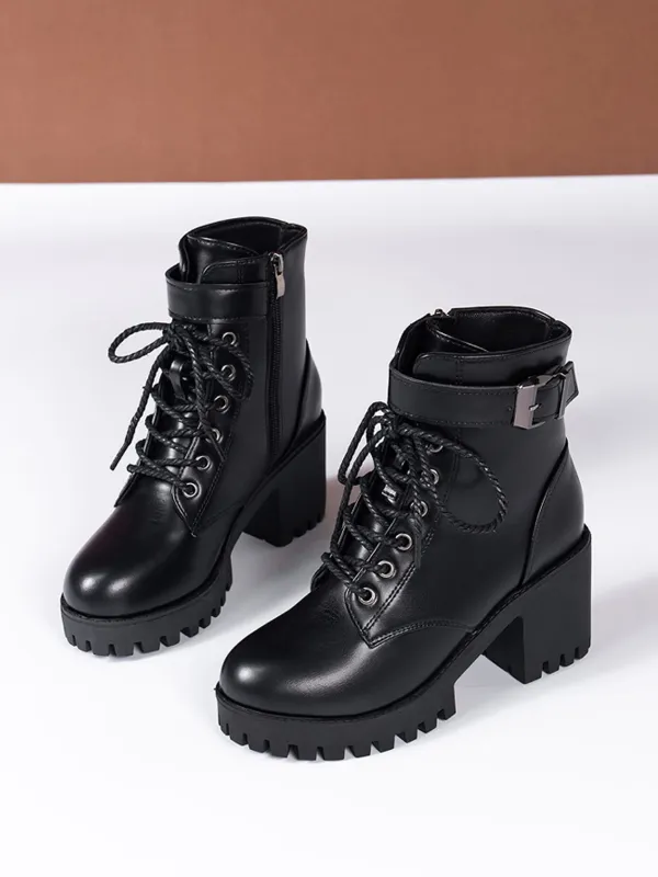 Women Buckle Decor Lace-Up Front Zipper Side Platform Combat Boots, Punk Outdoor Boots made by Negative
