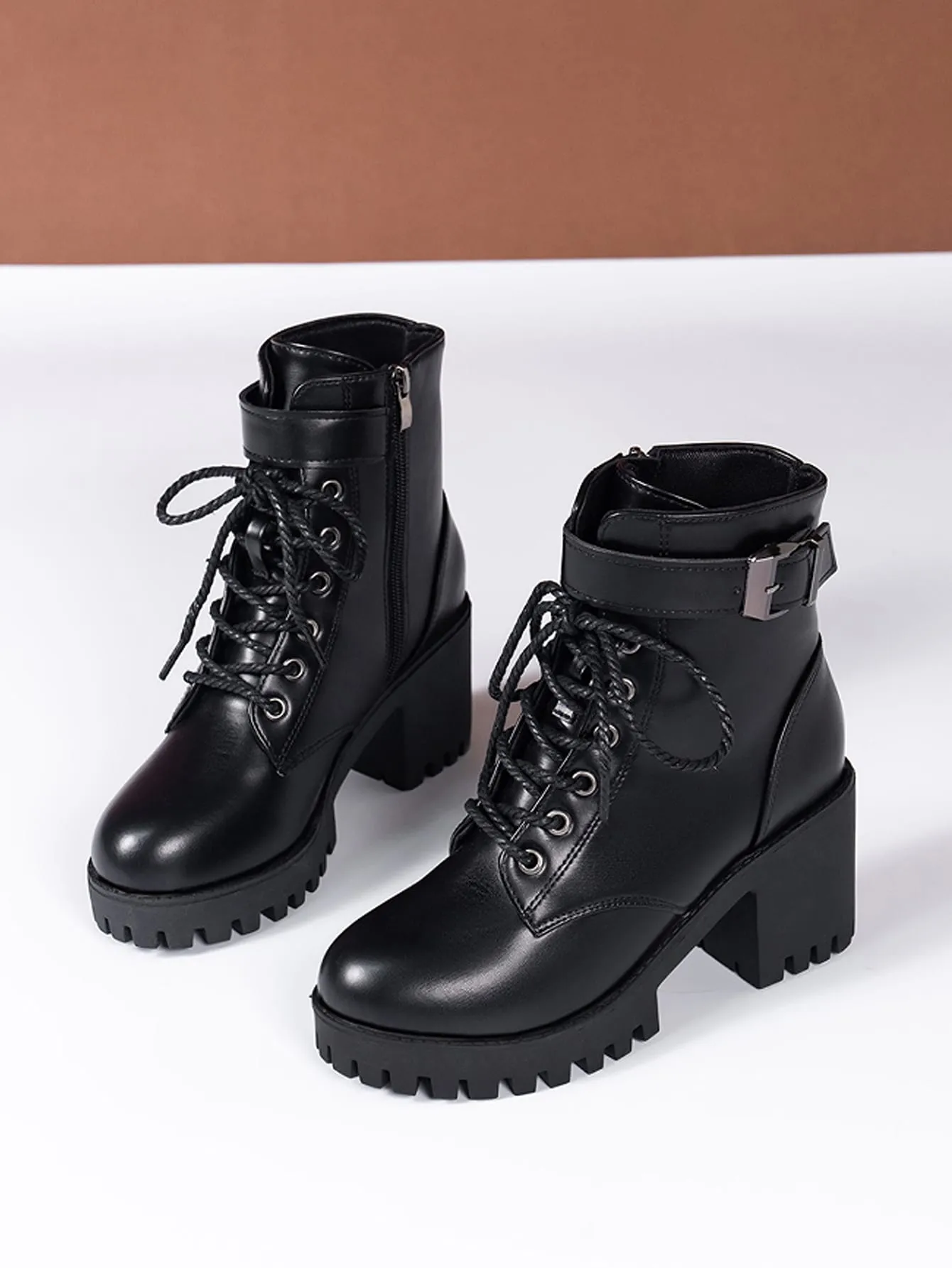 Women Buckle Decor Lace-Up Front Zipper Side Platform Combat Boots, Punk Outdoor Boots sold by Negative