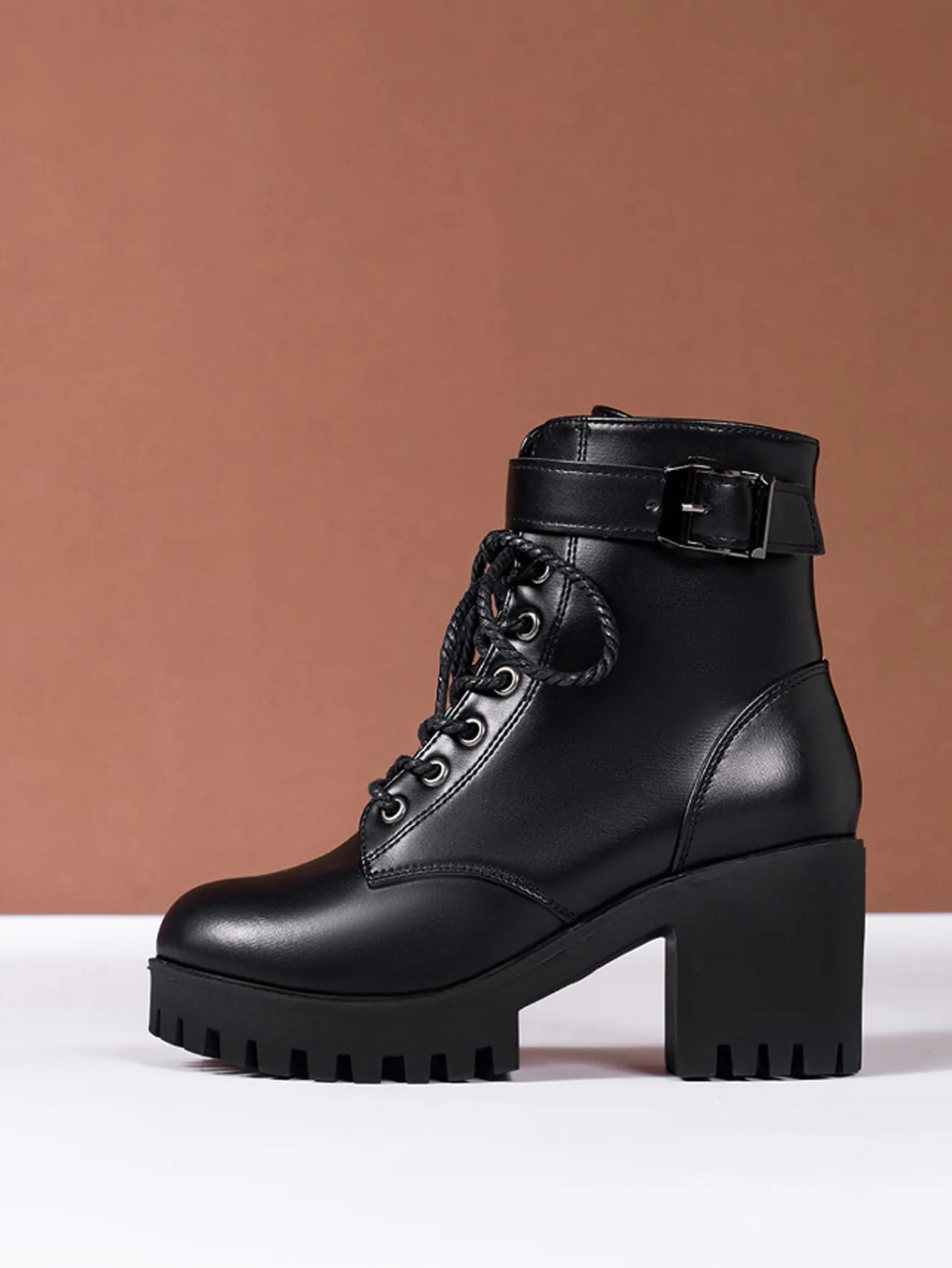 Women Buckle Decor Lace-Up Front Zipper Side Platform Combat Boots, Punk Outdoor Boots sold by Negative product image thumbnail 5