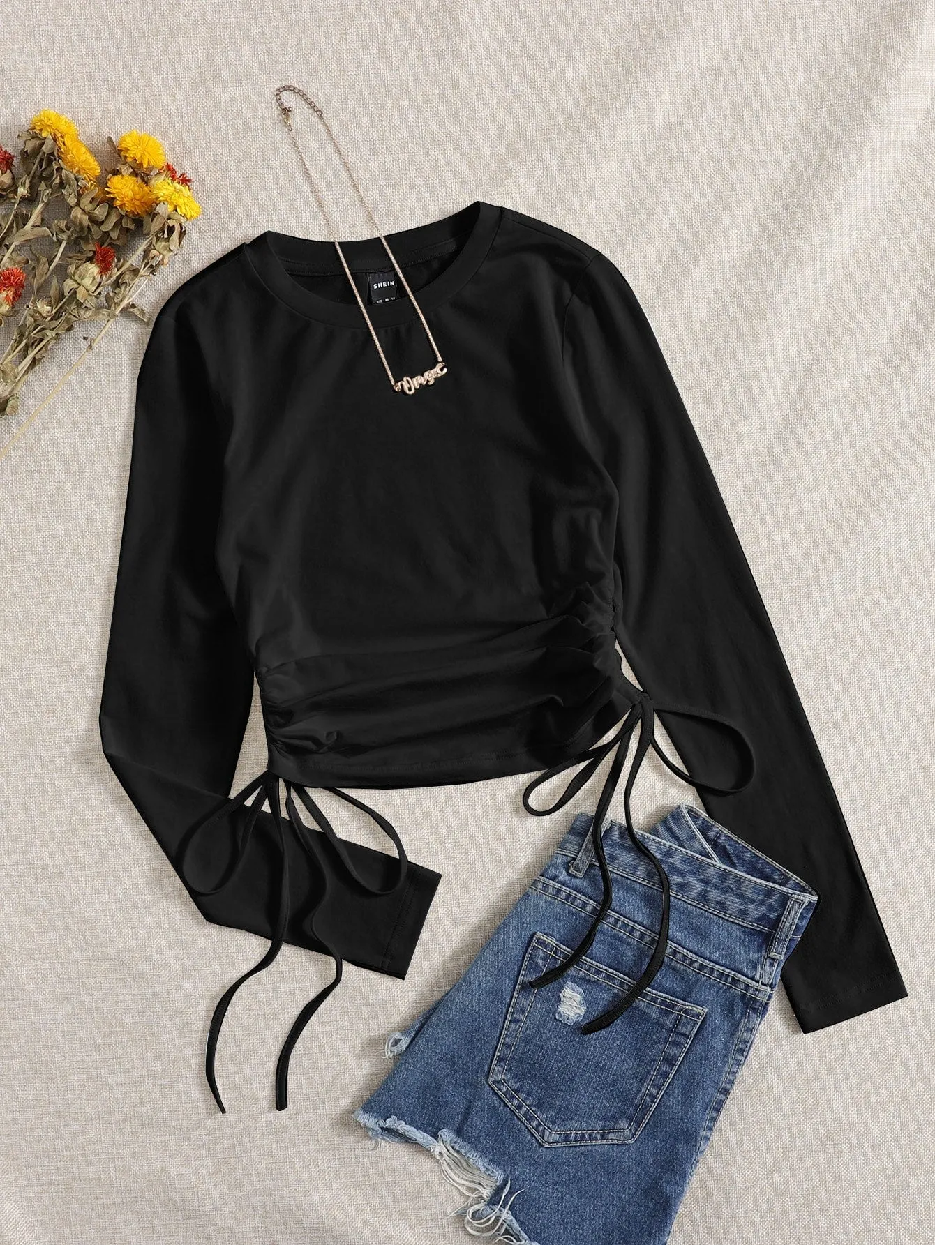 Drawstring Ruched Solid Round Neck Crop Tee sold by Negative product image thumbnail 3