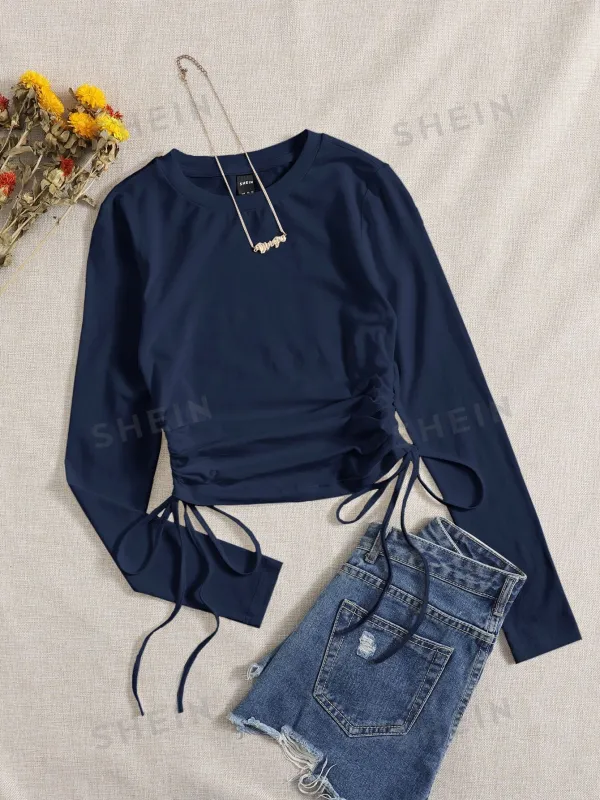 Drawstring Ruched Solid Round Neck Crop Tee made by Negative