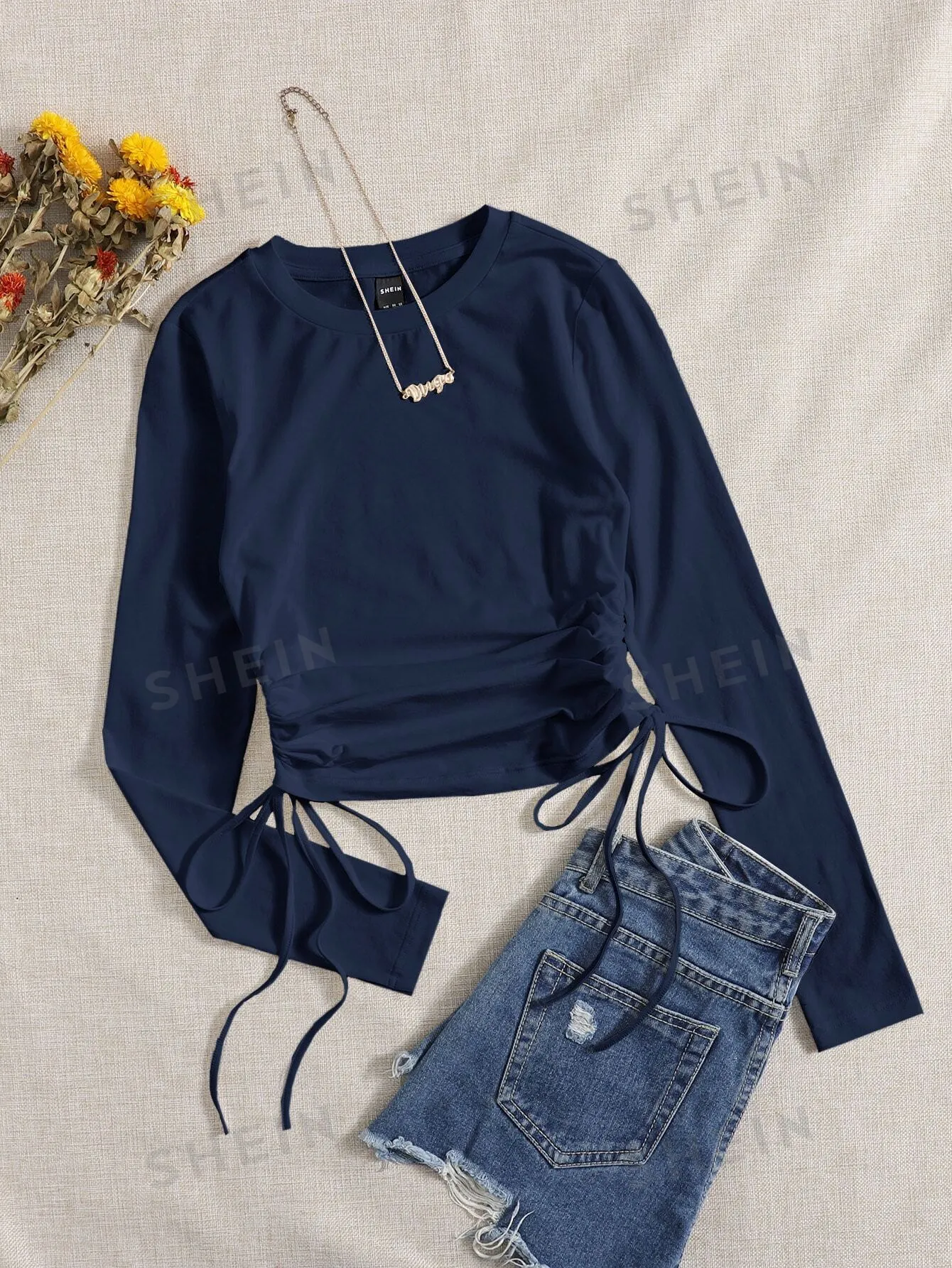 Drawstring Ruched Solid Round Neck Crop Tee sold by Negative