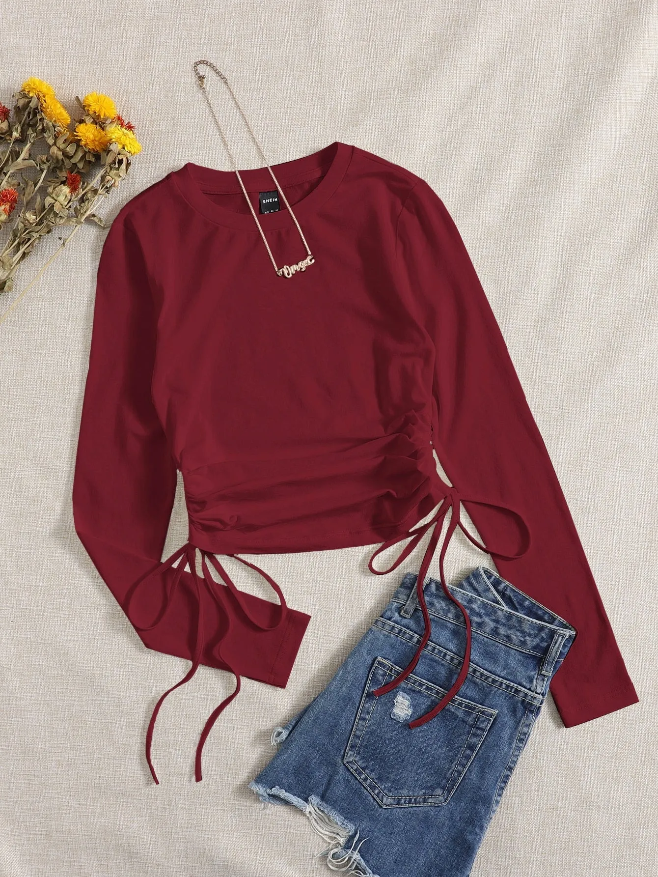 Drawstring Ruched Solid Round Neck Crop Tee sold by Negative product image thumbnail 2