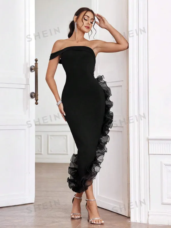 Privé Asymmetrical Off Shoulder Dress With 3d Ruffle Decoration On The Hem made by Negative