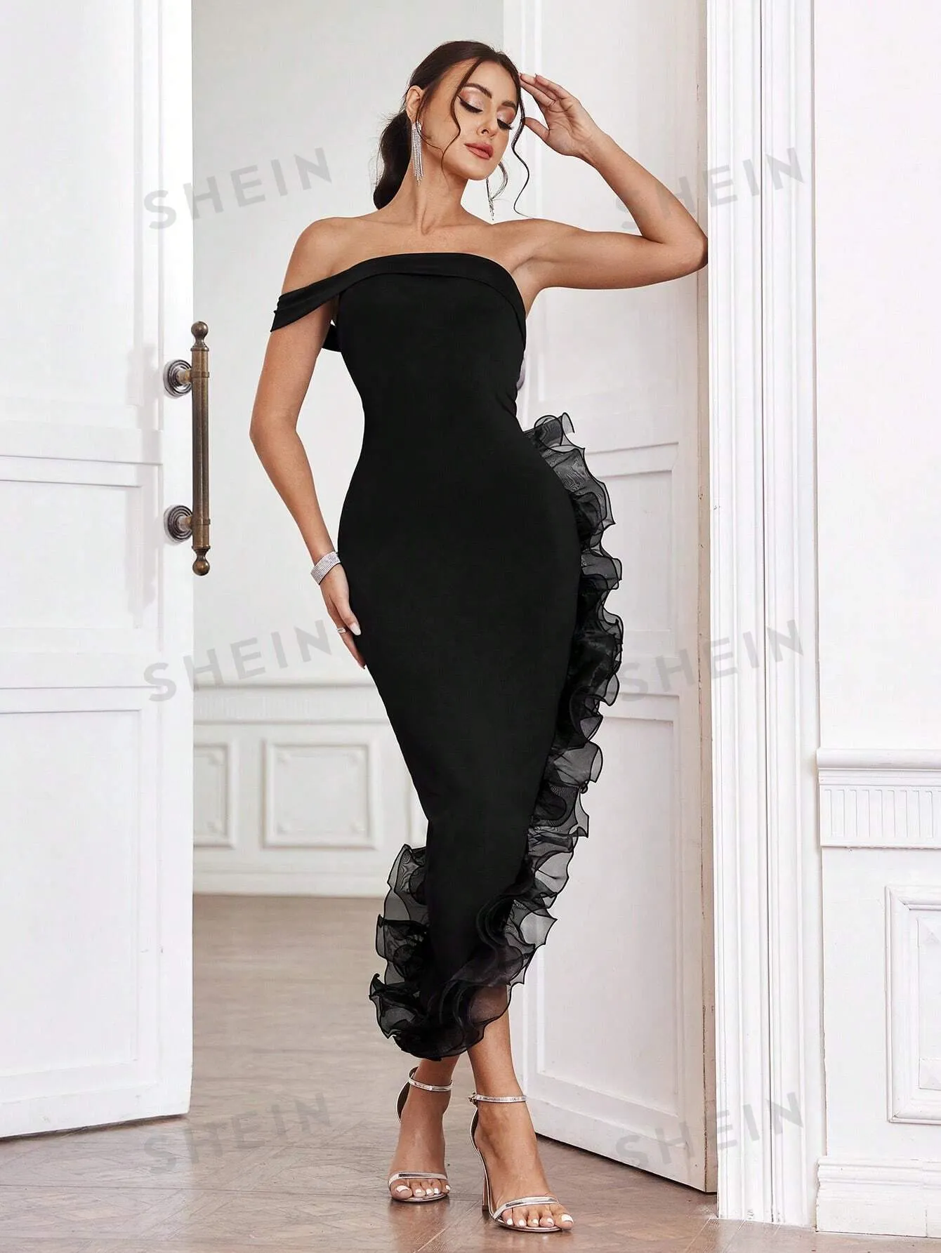 Privé Asymmetrical Off Shoulder Dress With 3d Ruffle Decoration On The Hem sold by Negative