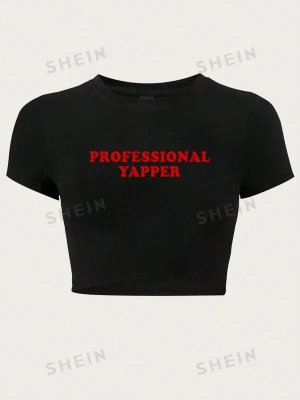 EZwear Short Cropped Slim Fit T-Shirt With Red Slogan, High Elasticity made by Negative