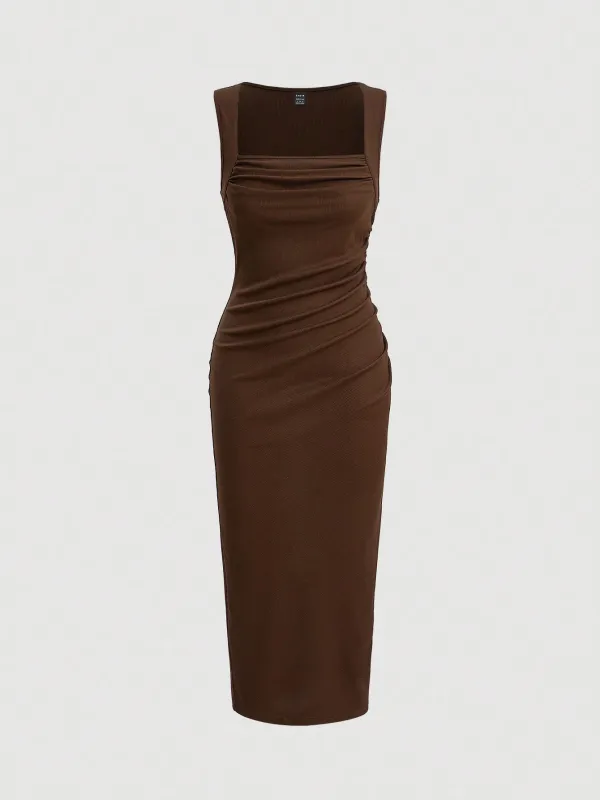 Solid Ruched Ribbed Knit Dress made by Negative