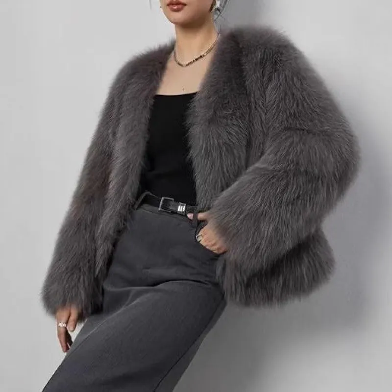 The Royal Plush | Women's Short Faux Fur V-Neck Jacket FD made by Negative