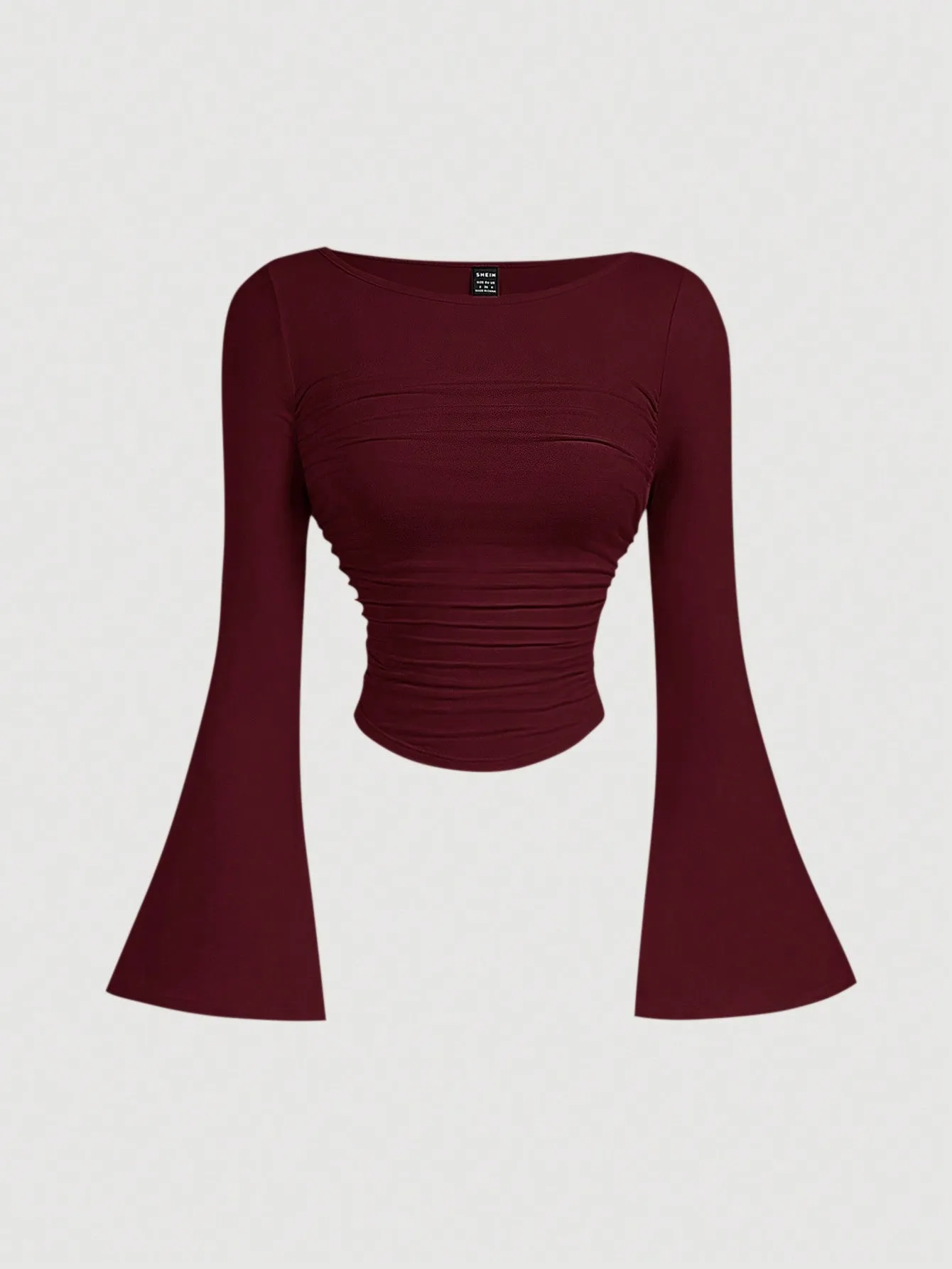 MOD Casual Solid Color Boat Neck Bell Sleeve Ruched Waist Versatile T-Shirt FD sold by Negative product image thumbnail 3