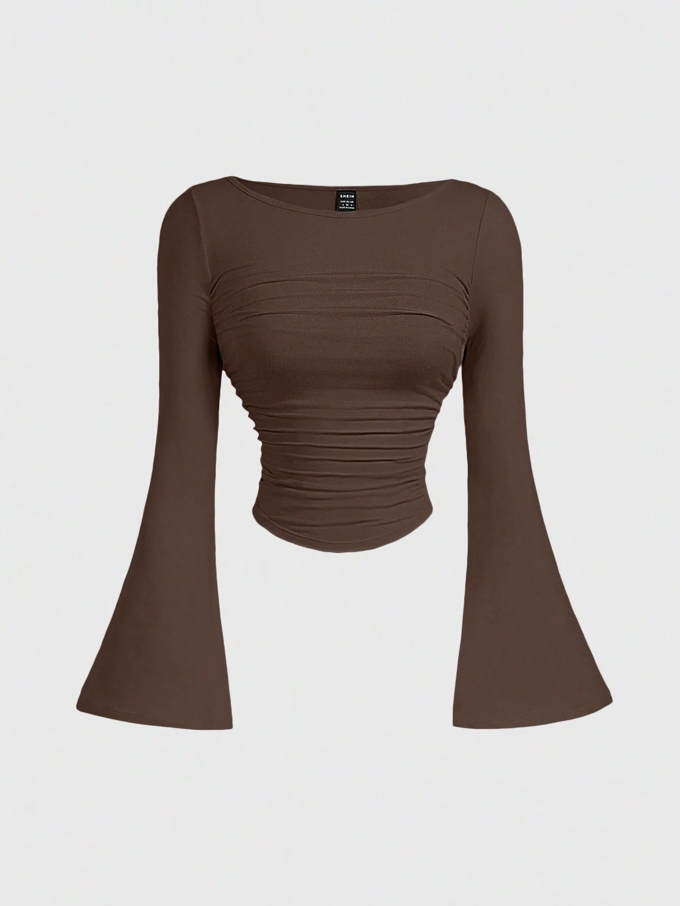 MOD Casual Solid Color Boat Neck Bell Sleeve Ruched Waist Versatile T-Shirt FD sold by Negative product image thumbnail 4