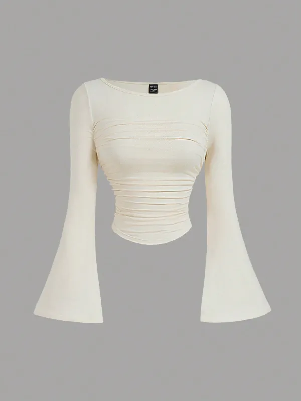 MOD Casual Solid Color Boat Neck Bell Sleeve Ruched Waist Versatile T-Shirt FD made by Negative