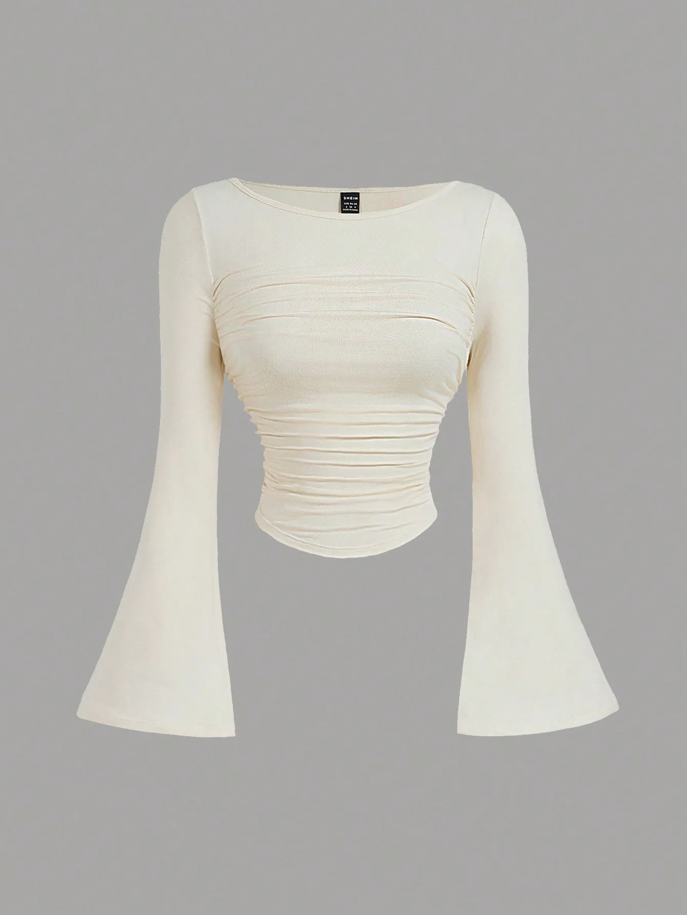 MOD Casual Solid Color Boat Neck Bell Sleeve Ruched Waist Versatile T-Shirt FD sold by Negative