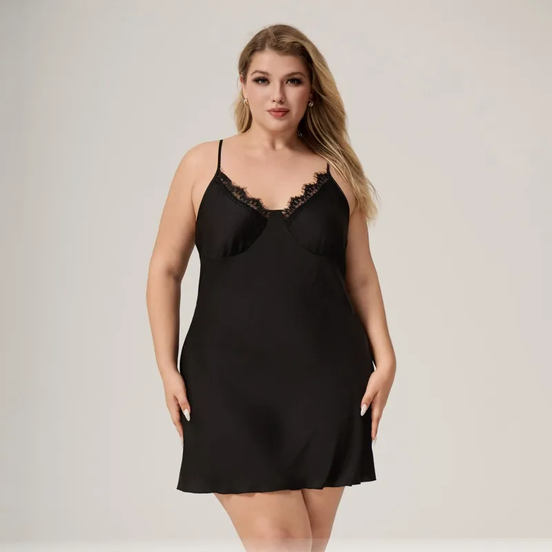 The Lace Seduction | Black Lace Satin Strap Mini Sleep Dress FD made by Negative