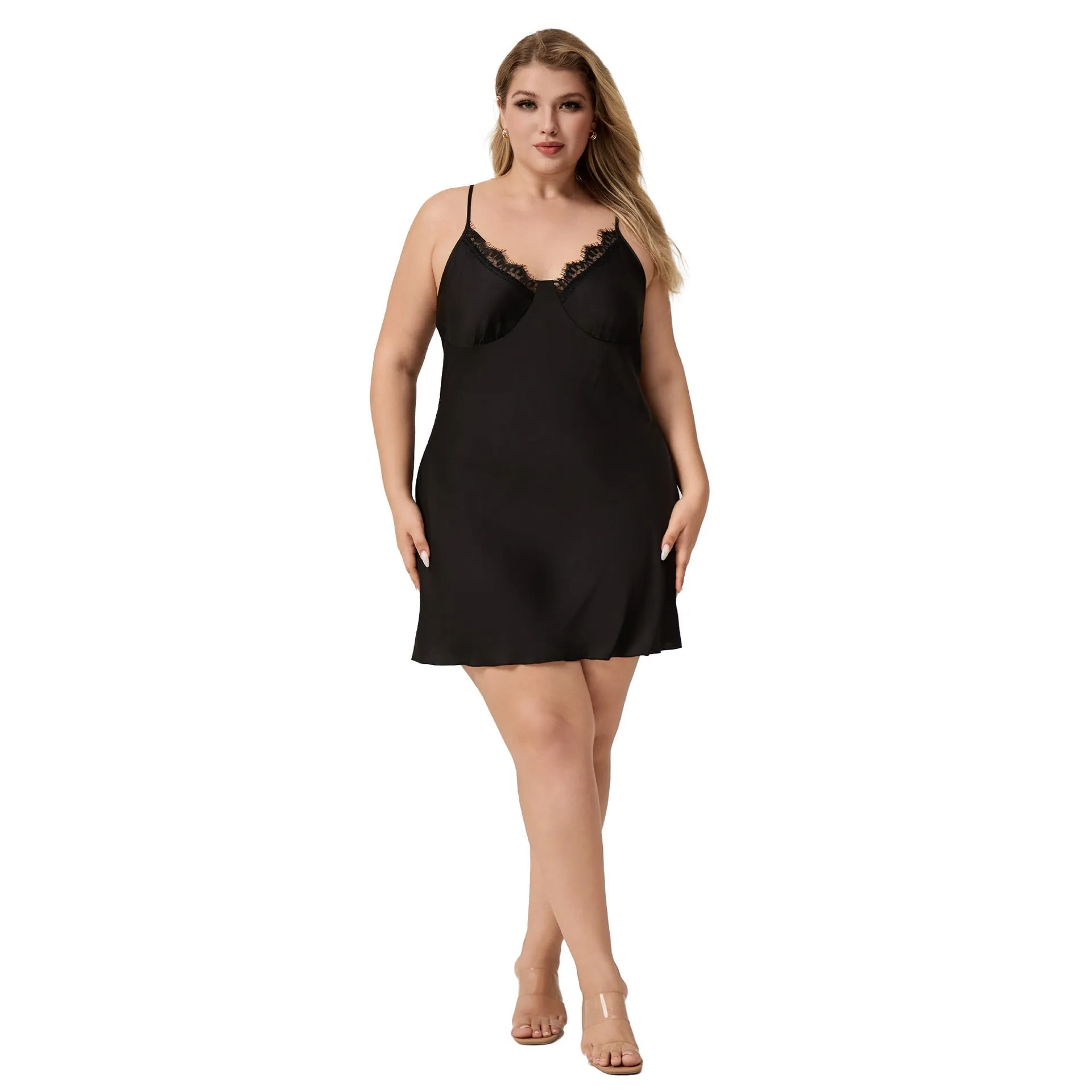The Lace Seduction | Black Lace Satin Strap Mini Sleep Dress FD sold by Negative product image thumbnail 5