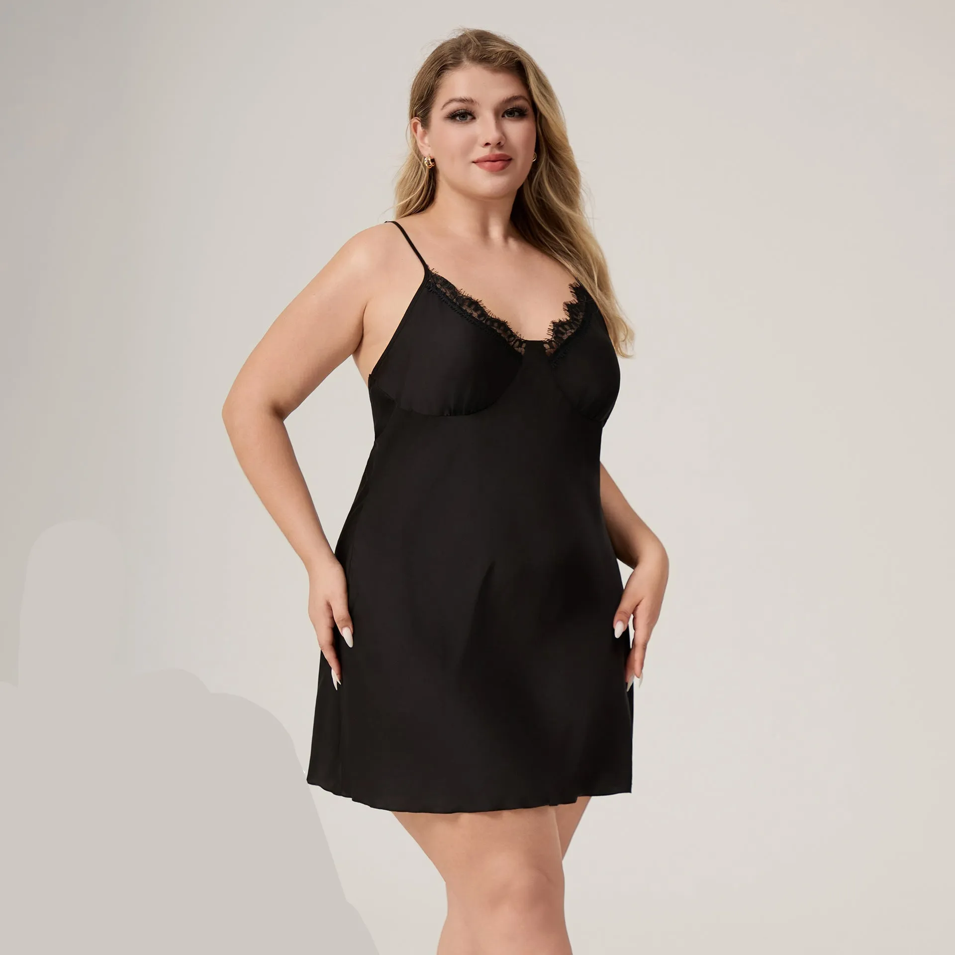 The Lace Seduction | Black Lace Satin Strap Mini Sleep Dress FD sold by Negative product image thumbnail 2