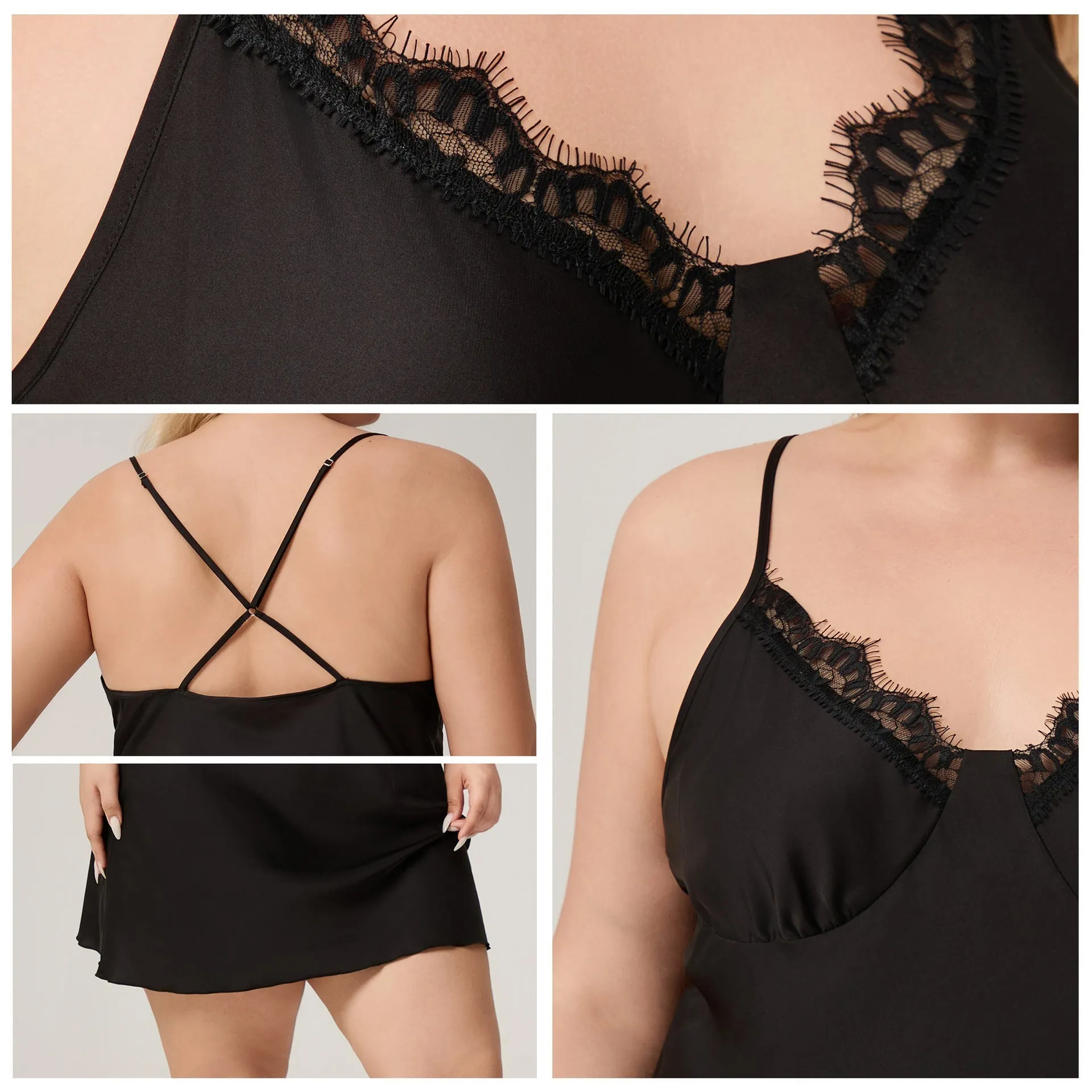 The Lace Seduction | Black Lace Satin Strap Mini Sleep Dress FD sold by Negative product image thumbnail 4