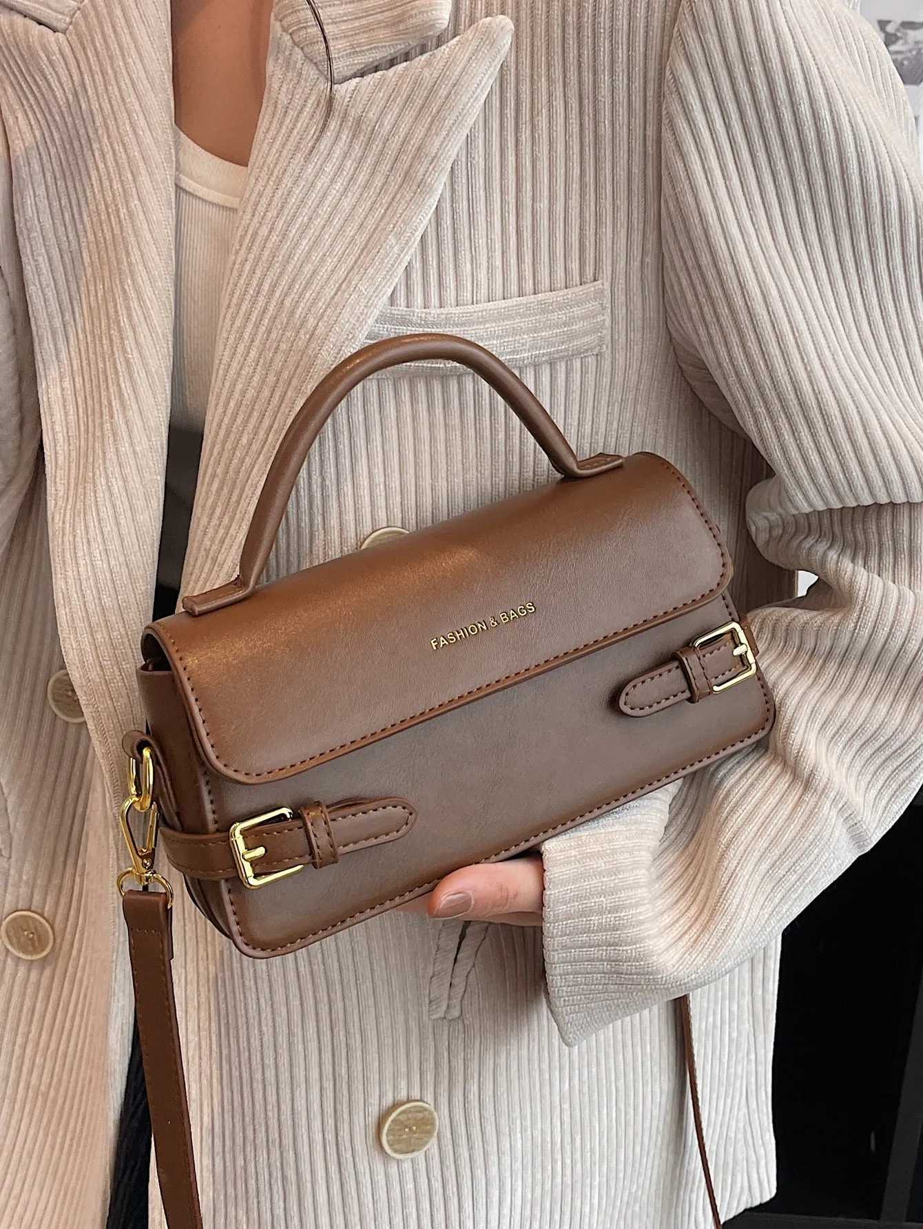 Letter Embossed Buckle Decor Flap Square Bag (FD) sold by Negative product image thumbnail 2