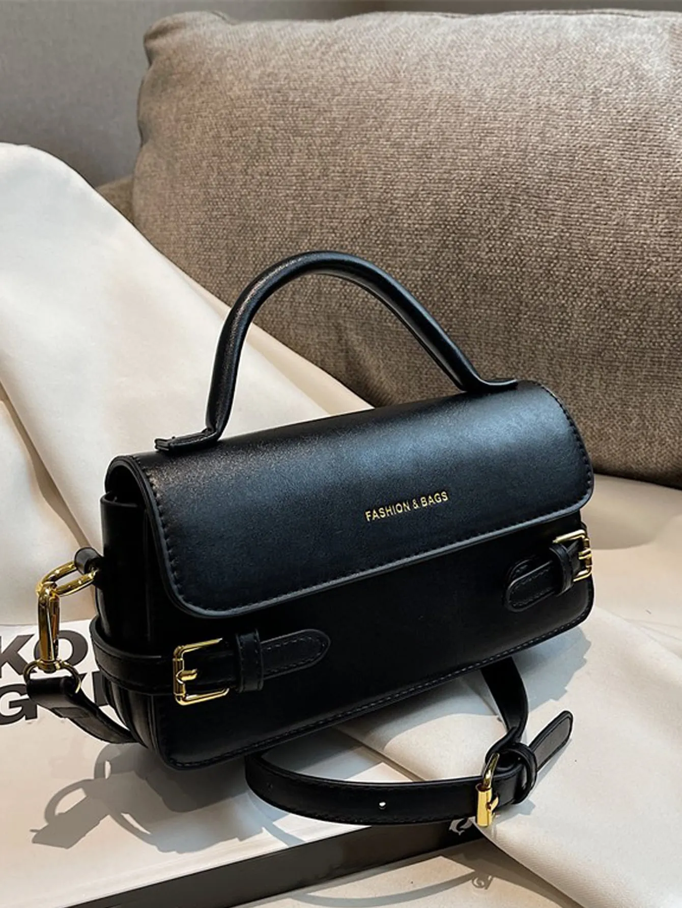 Letter Embossed Buckle Decor Flap Square Bag (FD) sold by Negative