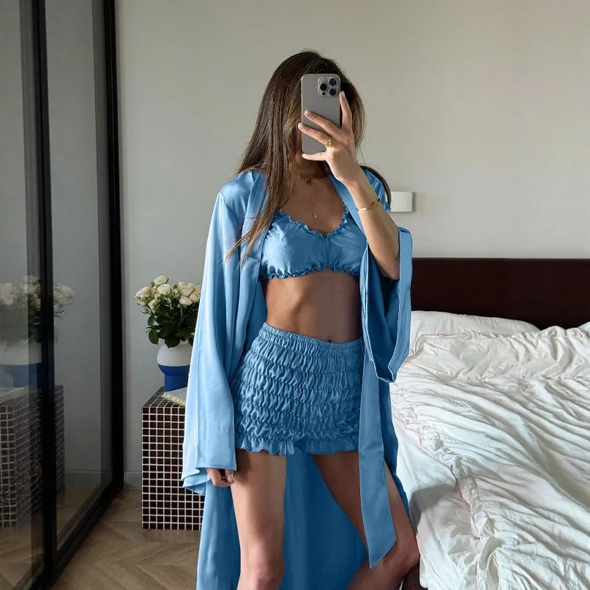 The Pleated Satin | Solid Color Pleated Strap Cami, Shorts & Long Cardigan Three-Piece Set (FD) sold by Negative product image thumbnail 4