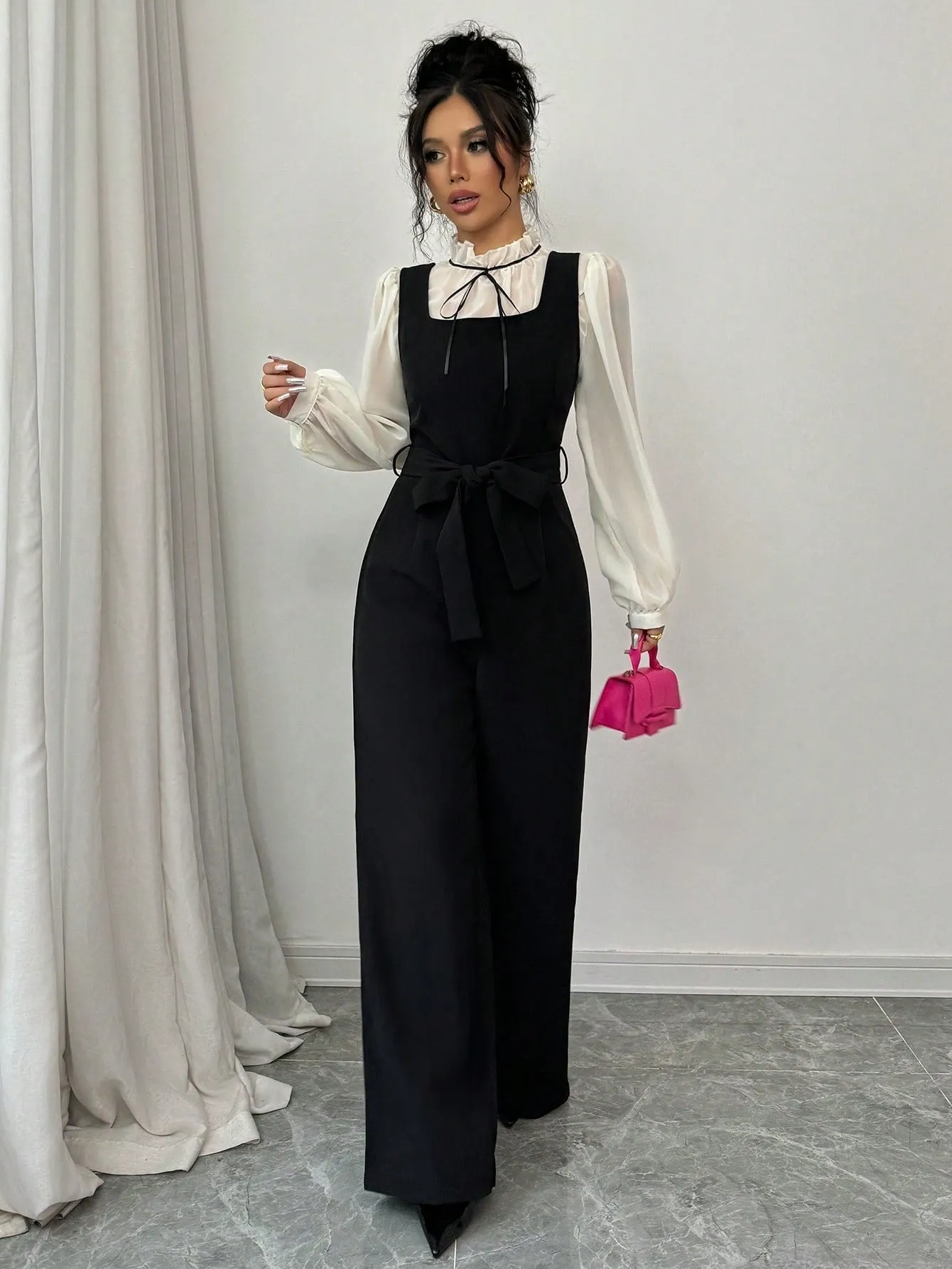 2pcs/Set Women's Autumn Colorblock Patchwork High Waist Straight Leg Overall And Shirt (FD) sold by Negative product image thumbnail 4
