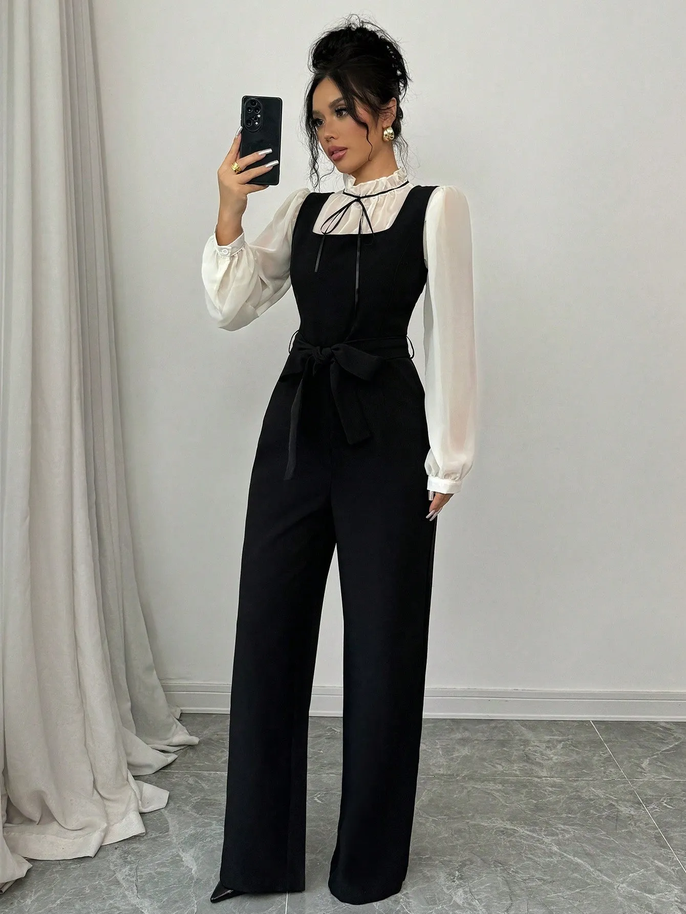 2pcs/Set Women's Autumn Colorblock Patchwork High Waist Straight Leg Overall And Shirt (FD) sold by Negative