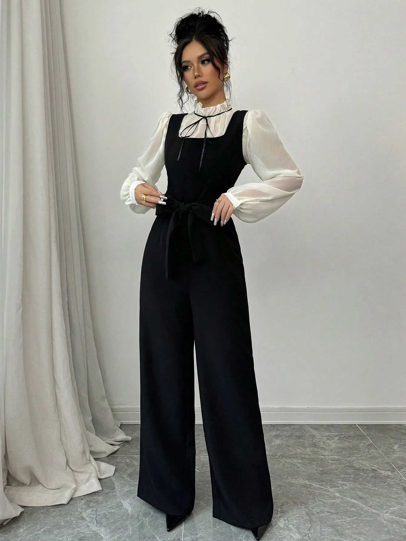 2pcs/Set Women's Autumn Colorblock Patchwork High Waist Straight Leg Overall And Shirt (FD) sold by Negative product image thumbnail 5