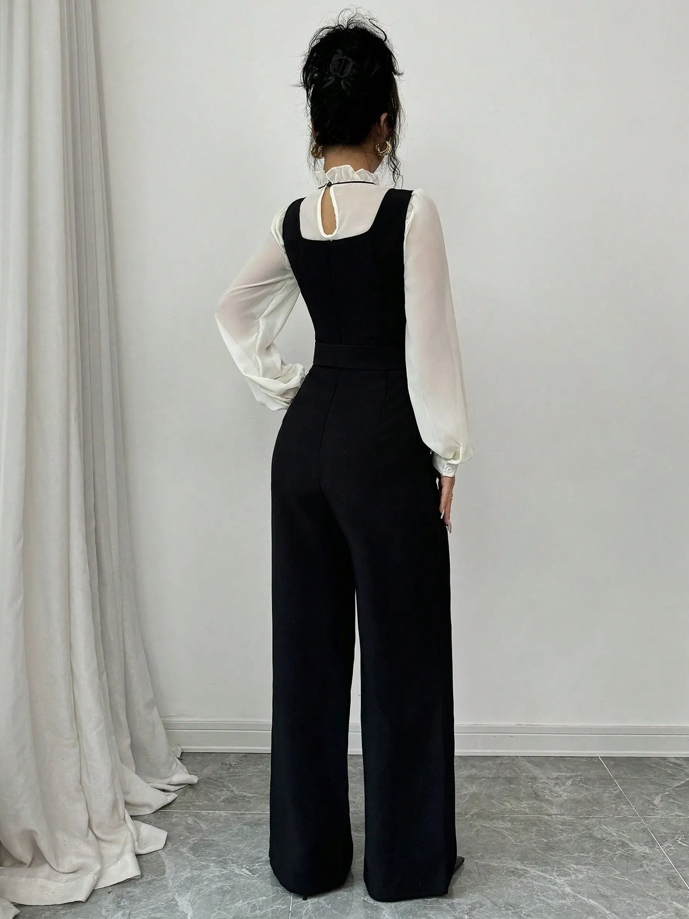 2pcs/Set Women's Autumn Colorblock Patchwork High Waist Straight Leg Overall And Shirt (FD) sold by Negative product image thumbnail 2
