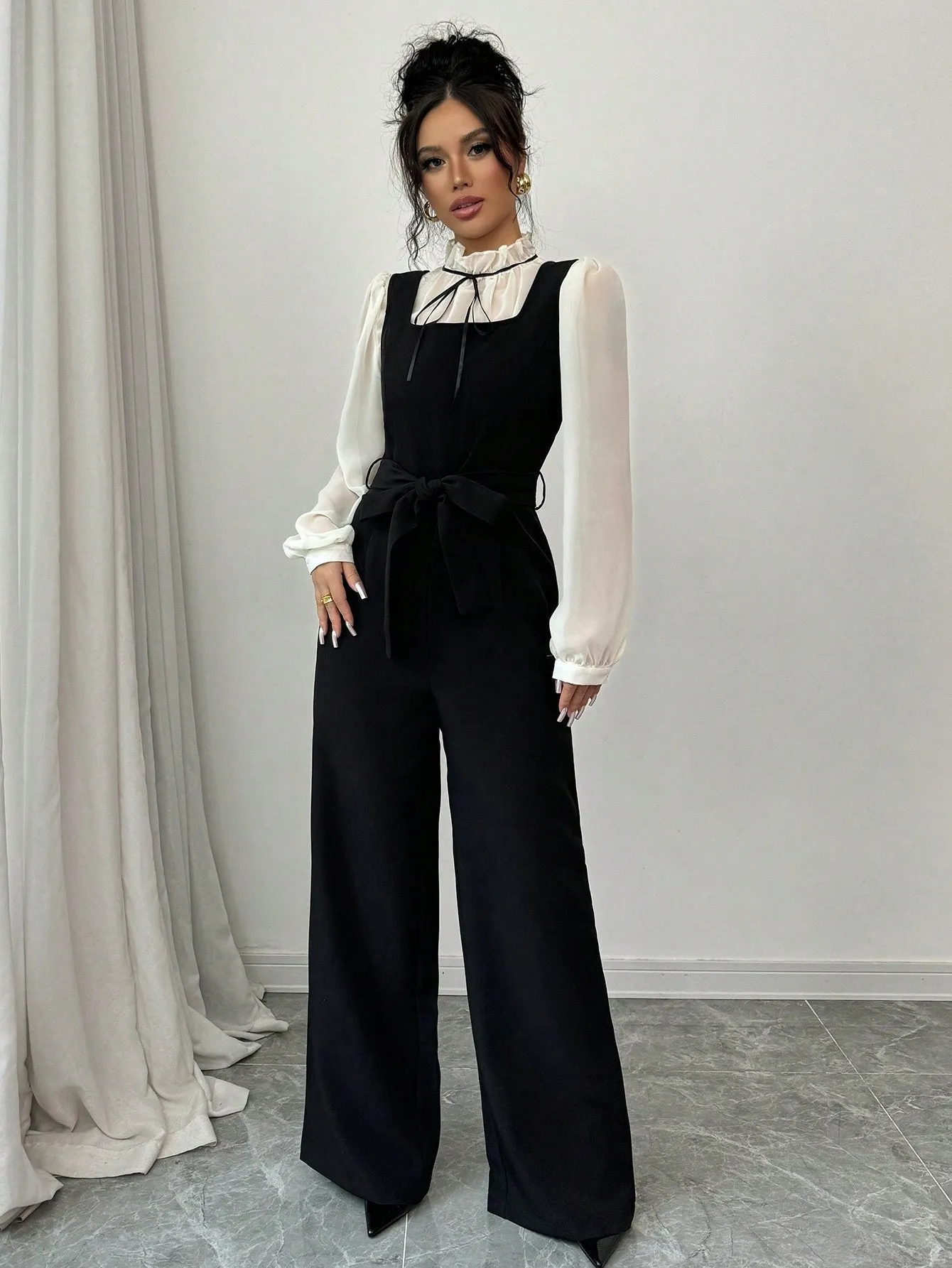 2pcs/Set Women's Autumn Colorblock Patchwork High Waist Straight Leg Overall And Shirt (FD) sold by Negative product image thumbnail 3