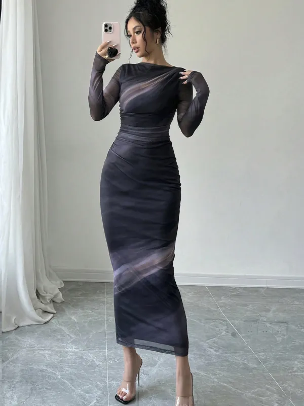 Women's Elegant Long Sleeve Tie-Dye Print Pleated Dress,Tie Dye Printed Long Sleeve Long Maxi Bodycon Elegant Dress, Asymmetric Collar Long Sleeve Elegant Dress For Dating (FD) made by Negative