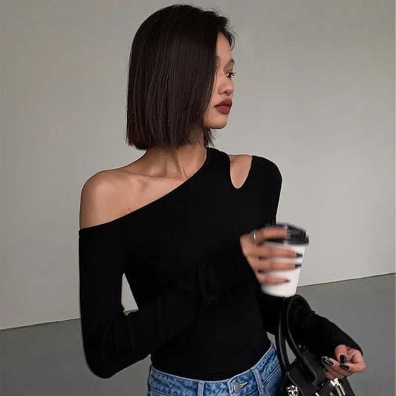 Black sxy one-shoulder off-shoulder bottoming shirt for women, all-match long-sleeved T-shirt, tight-fitting inner strapless clavicle top sold by Negative product image thumbnail 5