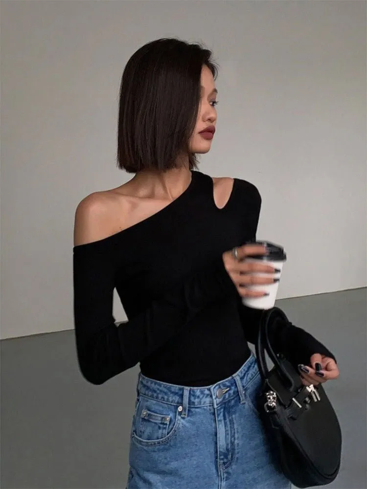 Black sxy one-shoulder off-shoulder bottoming shirt for women, all-match long-sleeved T-shirt, tight-fitting inner strapless clavicle top sold by Negative product image thumbnail 3