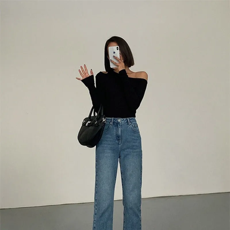Black sxy one-shoulder off-shoulder bottoming shirt for women, all-match long-sleeved T-shirt, tight-fitting inner strapless clavicle top sold by Negative product image thumbnail 4