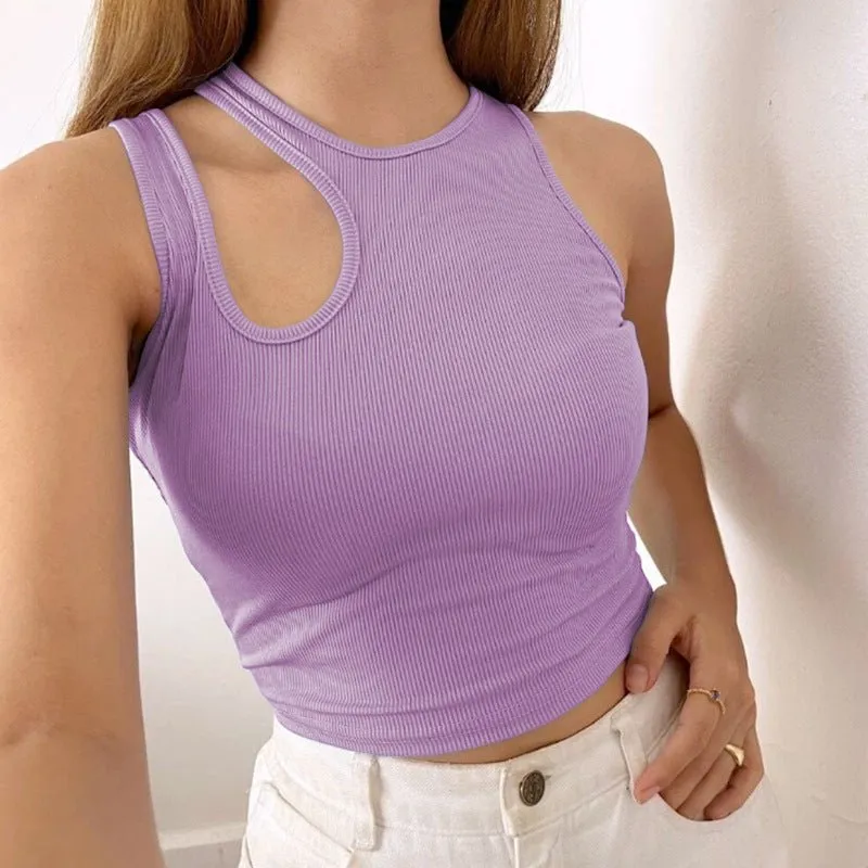 2025 Summer New Women's Ribbed Navel-Exposed Slim Fit Top Hollow Design Sleeveless Round Neck Vest made by Negative