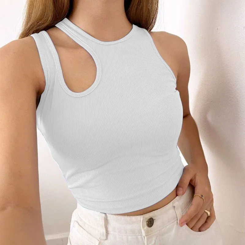 2025 Summer New Women's Ribbed Navel-Exposed Slim Fit Top Hollow Design Sleeveless Round Neck Vest sold by Negative product image thumbnail 5