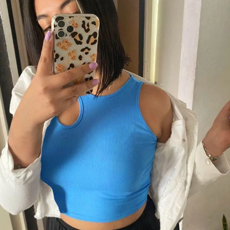 2025 Summer New Women's Ribbed Navel-Exposed Slim Fit Top Hollow Design Sleeveless Round Neck Vest sold by Negative product image thumbnail 2