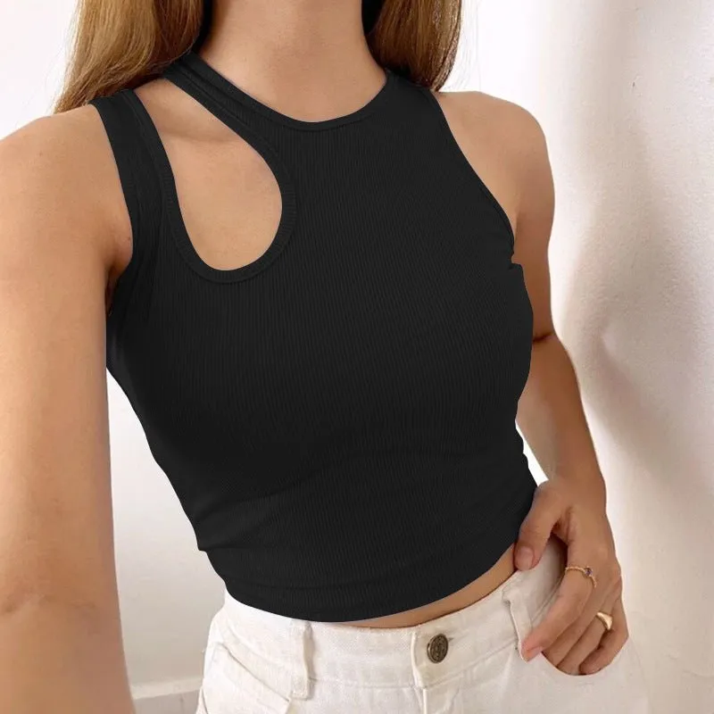 2025 Summer New Women's Ribbed Navel-Exposed Slim Fit Top Hollow Design Sleeveless Round Neck Vest sold by Negative product image thumbnail 3