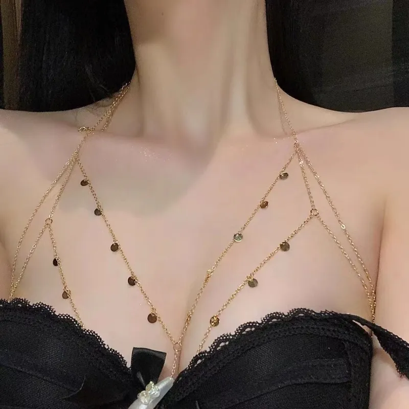 Pure desire style sxy metal body chain clavicle chain ins light luxury chest chain made by Negative