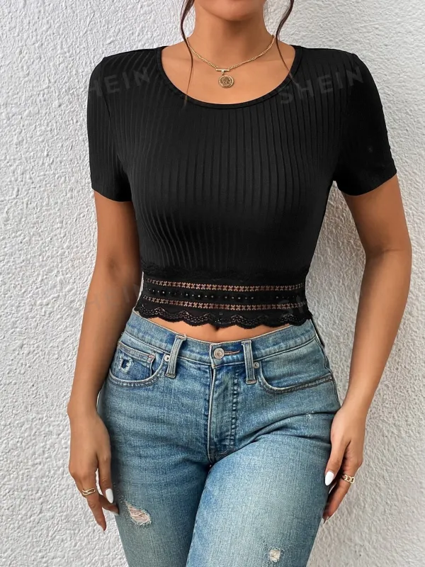 SHEIN Frenchy Contrast Lace Ribbed Knit Crop Tee made by Negative